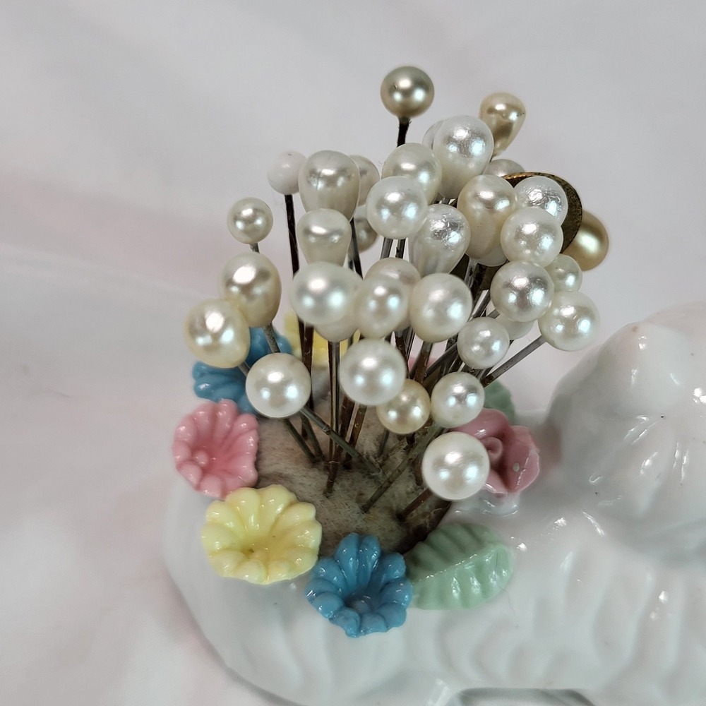 Vintage Ceramic White Cat Pin Cushion with Pearlized Hat Pins Floral Detail - Picture 9 of 13